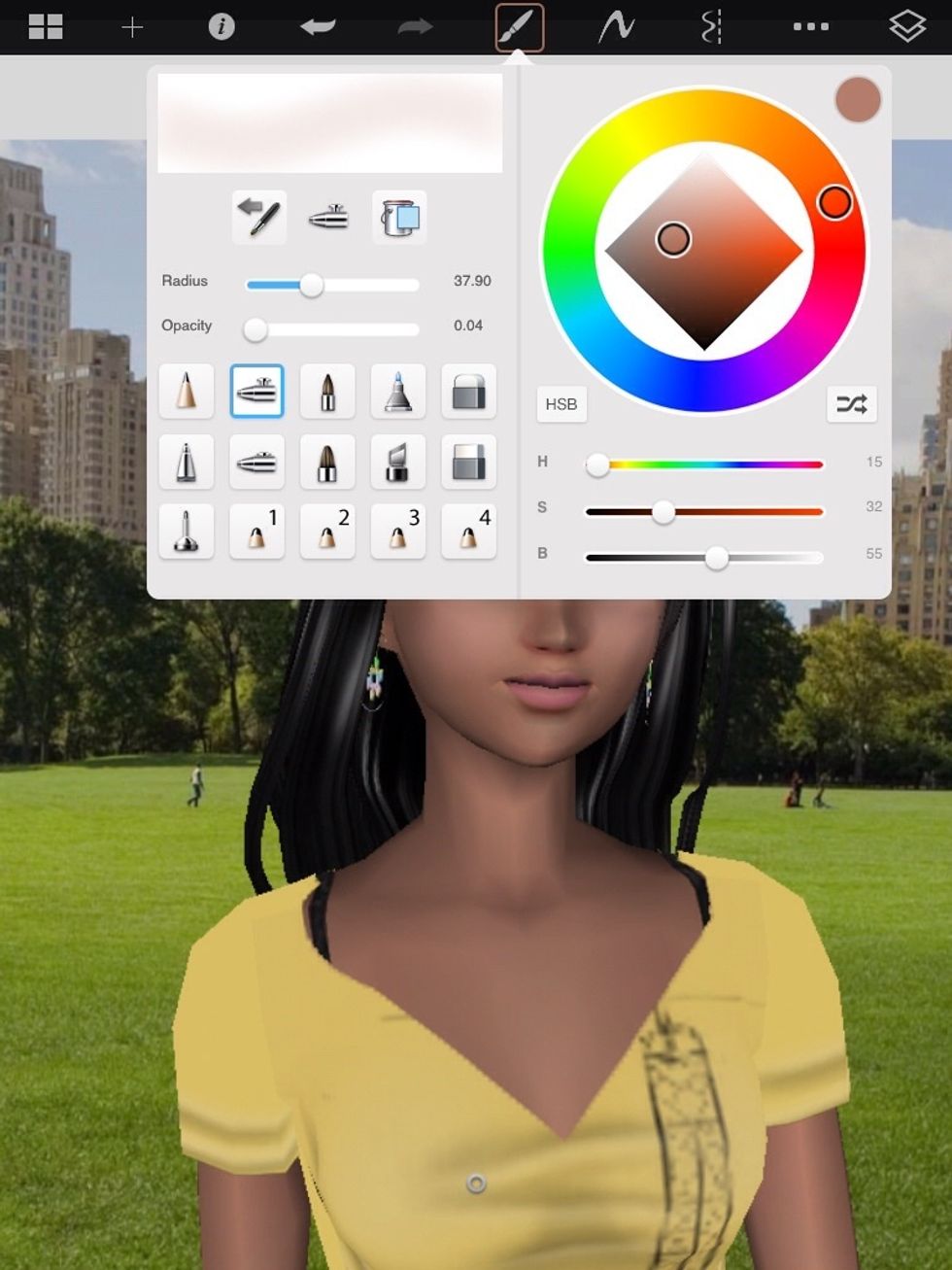 Now I'm going to get light brown still use fading tool and don tch age radius and opacity, I'm using light brown to out on top of pink blush, because the pink is standing out