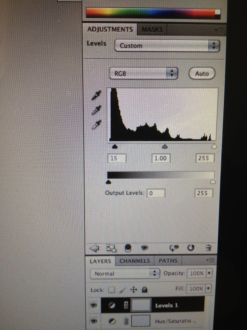 Now I'm going to set the lows to 15. I leave the others the same. You can set the lows higher depending if your image is lighter or not. Since the cat is black it doesn't need much boost.