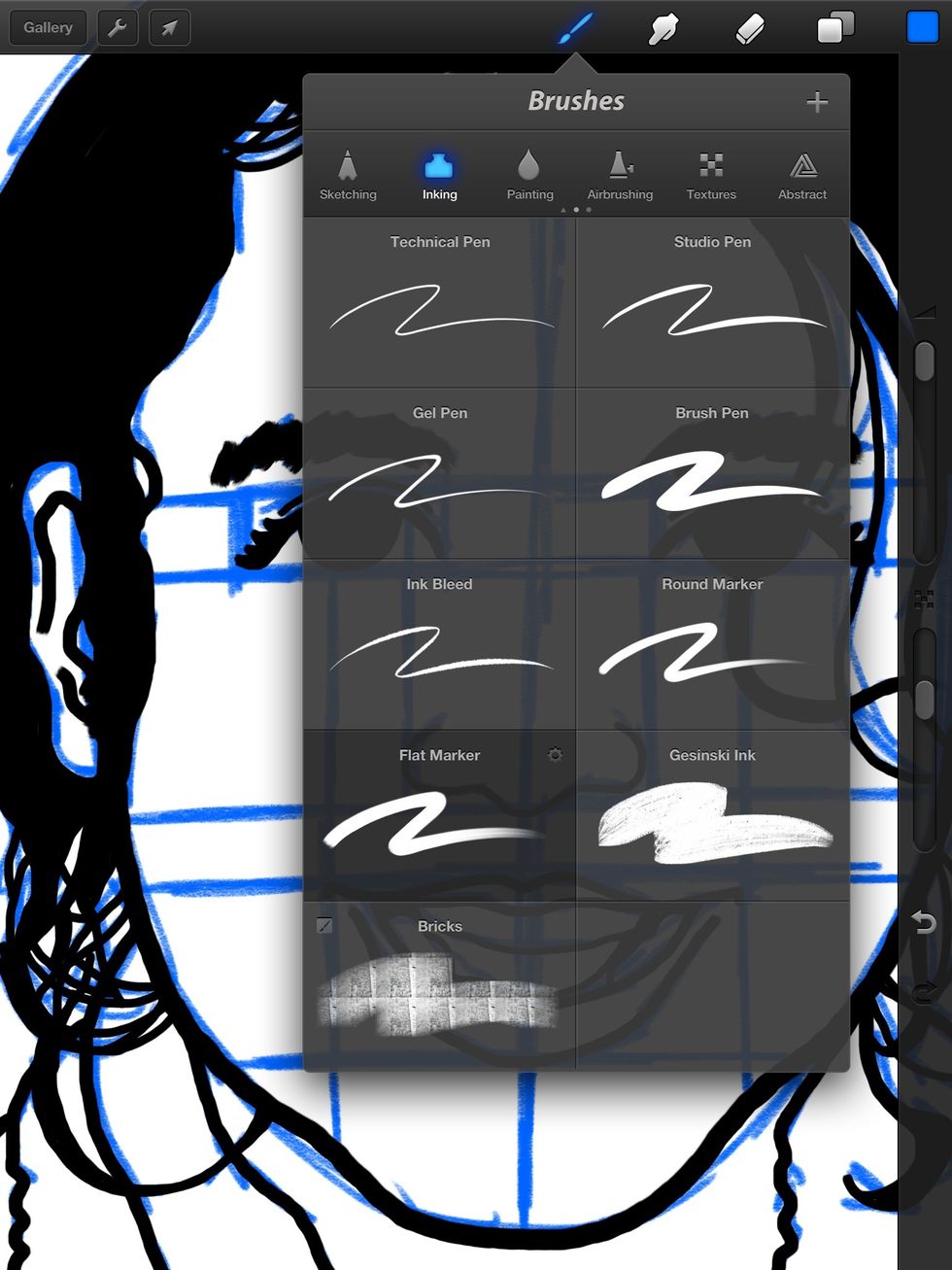 Now I move to ink on a separate layer. The Flat Marker is the first choice for detail work.