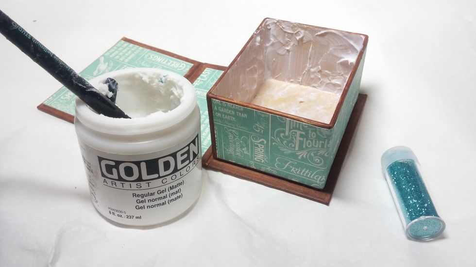 Now I primed the inside of the box with matte medium so I could add glitter.