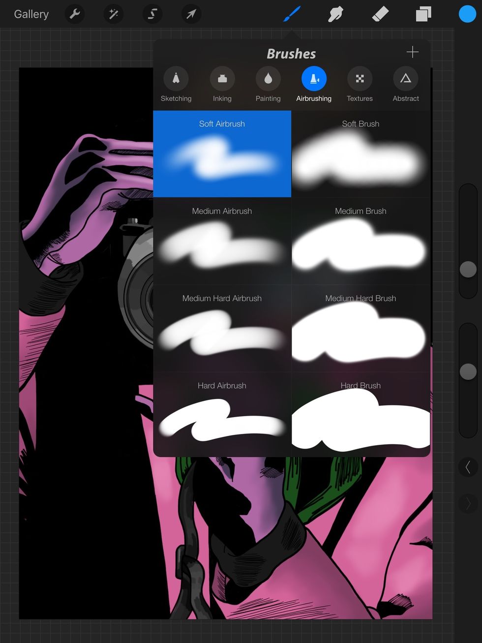 Now I start the highlights and shadows. Make a new layer and put it on top of your "flat color" layer. I'm going for a comic book feel so I choose the soft and medium airbrushes.