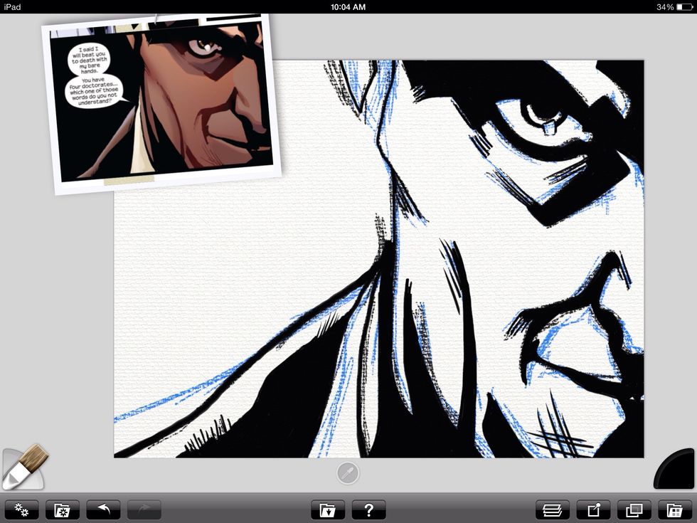 Now I switch to to oils for the "inking" process. This is a new layer too.