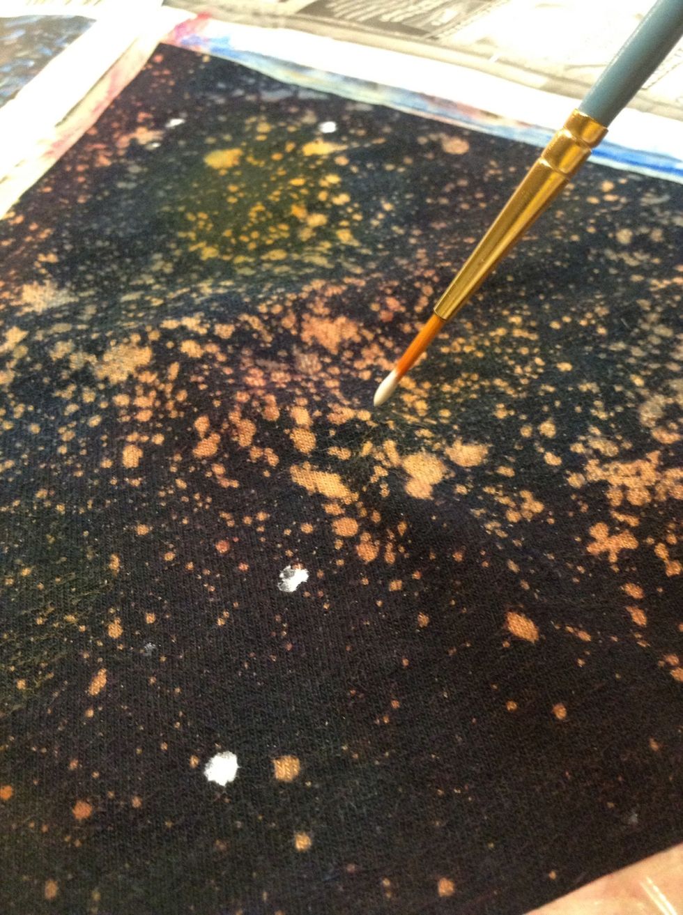 Now I URGE you to use white ACRYLIC paint for all the stars... But I ran out and had to use poster paint. It will wash out when it goes through the washer! So take a tiny brush and make dots!