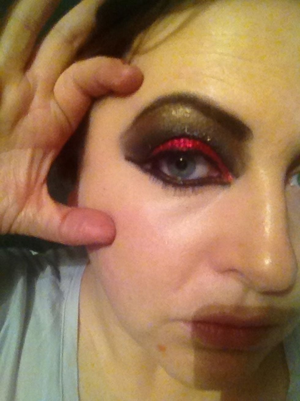 now I've added fluttery lashes tracked the line of lashes with liquid liner intensified bottom line with liquid liner and blended more gold into brow bone a great look for Halloween for sexy devil x