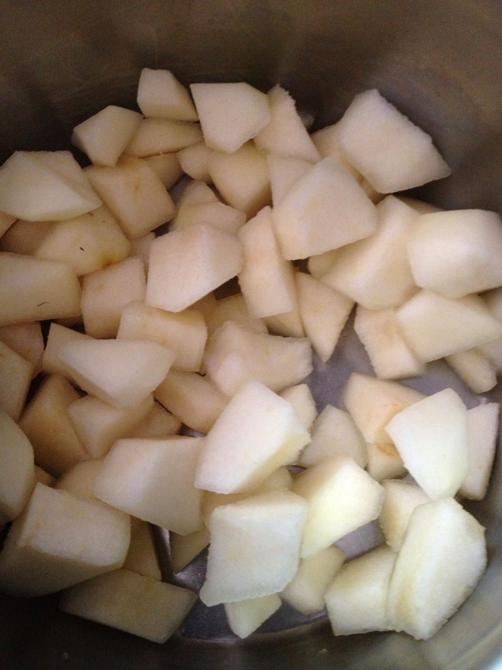 Now I've cut 4 pears based on 3 ramekins if you have more then cut more pears and adjust the other ingredients
