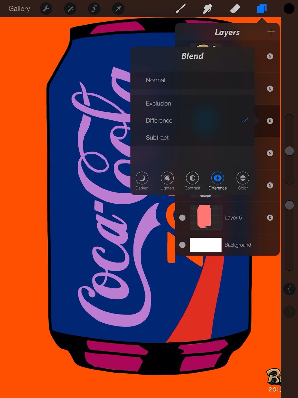 Now I want to change it's color similar to Warhol's process. I paint the can (logo is on a separate layer) a new color and go into blend mode. Tapping on the letter next to the layer will open this.