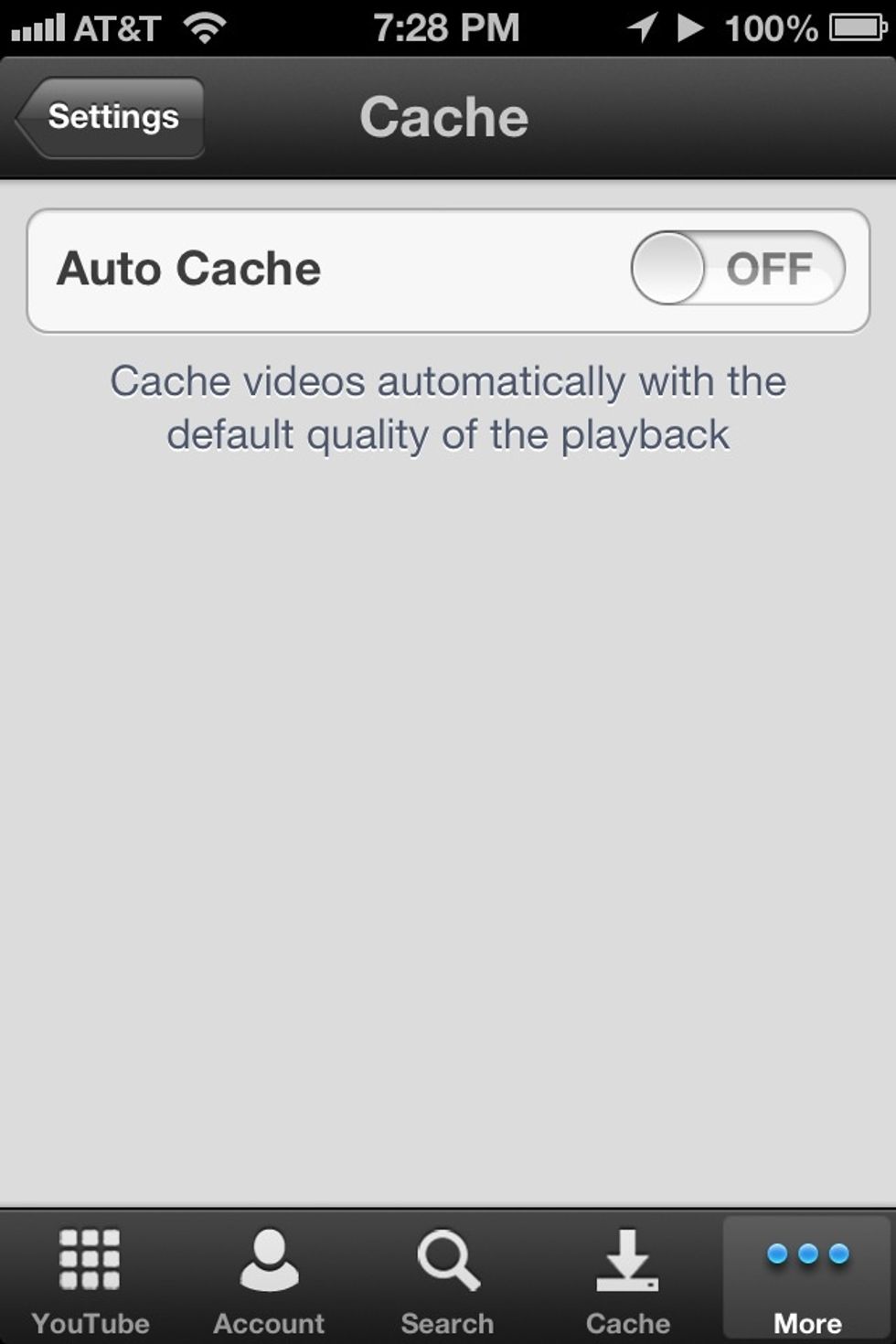 Now if you go into the apps settings you can turn the "Auto Cache" feature on. This basically means you can cache the video into the app. It's kind of like downloading the video to the app.