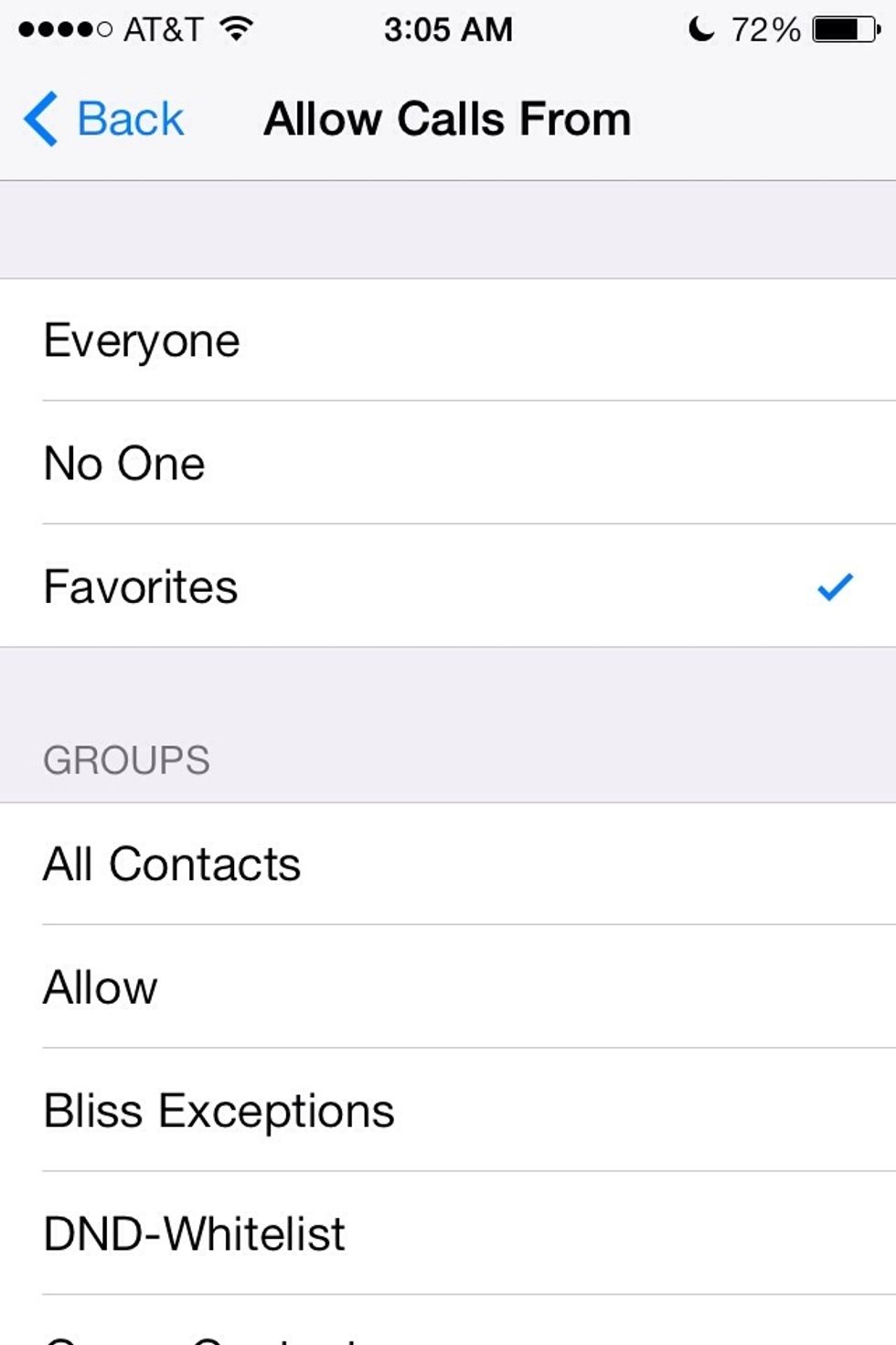 Now if you have a list of contacts you'd still want to be able to get a hold of you. Select that group in the "Allow Calls From" menu. You'll be silencing everyone that isn't in this group of contacts