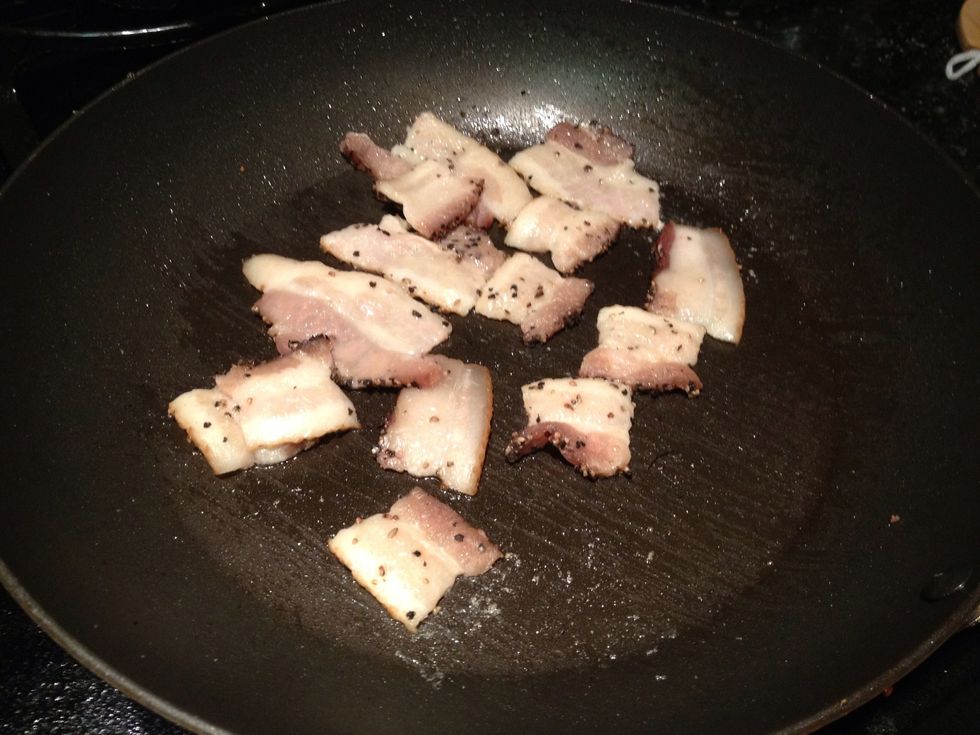Now in a separate pan we will start to create the sauce for the dish. Begin by saut\u00e9ing your bacon.