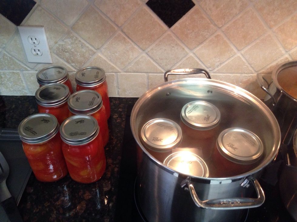 Now in a very large stock pot with boiled water, we will process these jars. Place as many jars as you can fit & have water 1" above lids. Have heat OFF under the pot.