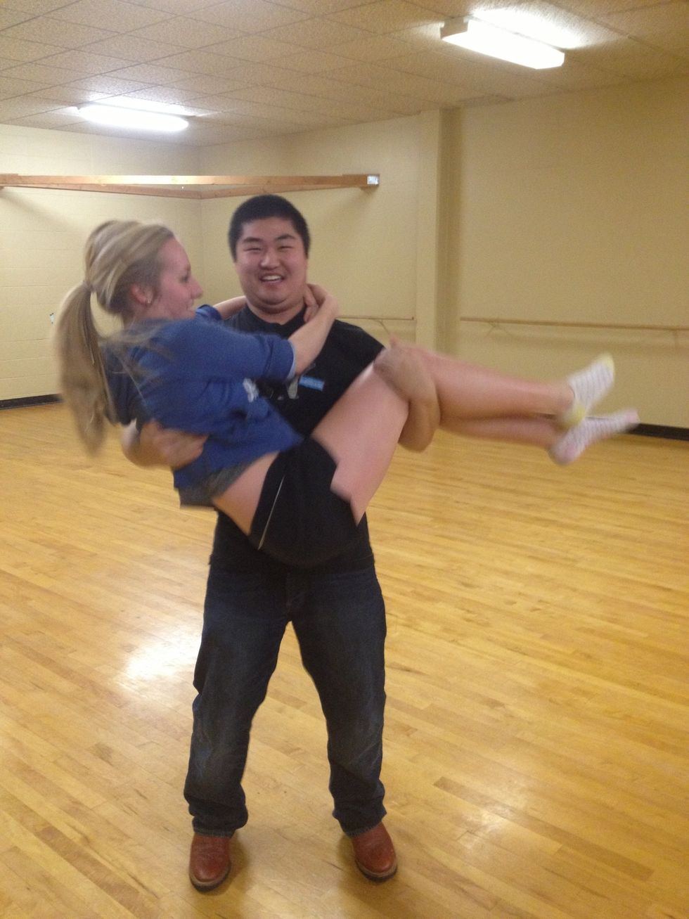 Now it's time for the around-the-world. You will drop her legs and her body will wrap behind you. Turn left then burst right to help with momentum.