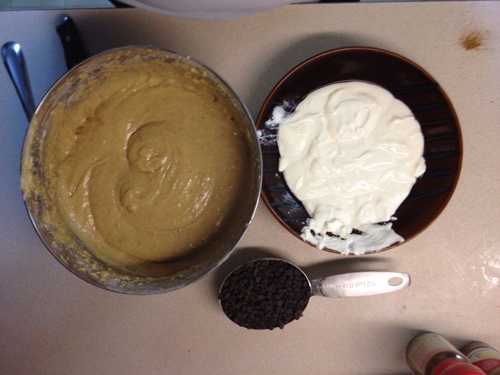 Now it's time to add in the chocolate chips and sour cream!