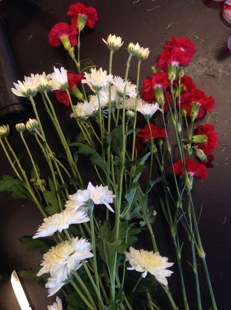 Now it' time to add flowers! Use 2 or 3 different colors that compliment each other. Here i have red mini carnations and white mums.