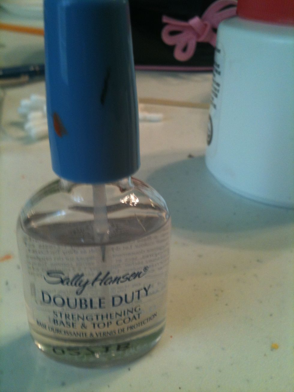 Now just apply a base coat. I use Sally Hanson's Double Duty Strengthening Bass and Top Coat, but you can use whichever one you prefer.  NOTE: LET DRY BEFORE NEXT STEP