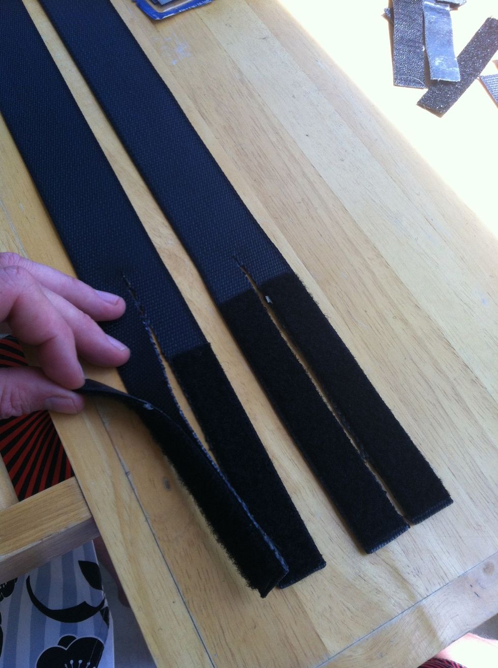 Now lay them flat and apply 4 pieces of fuzzy Velcro on tabs.