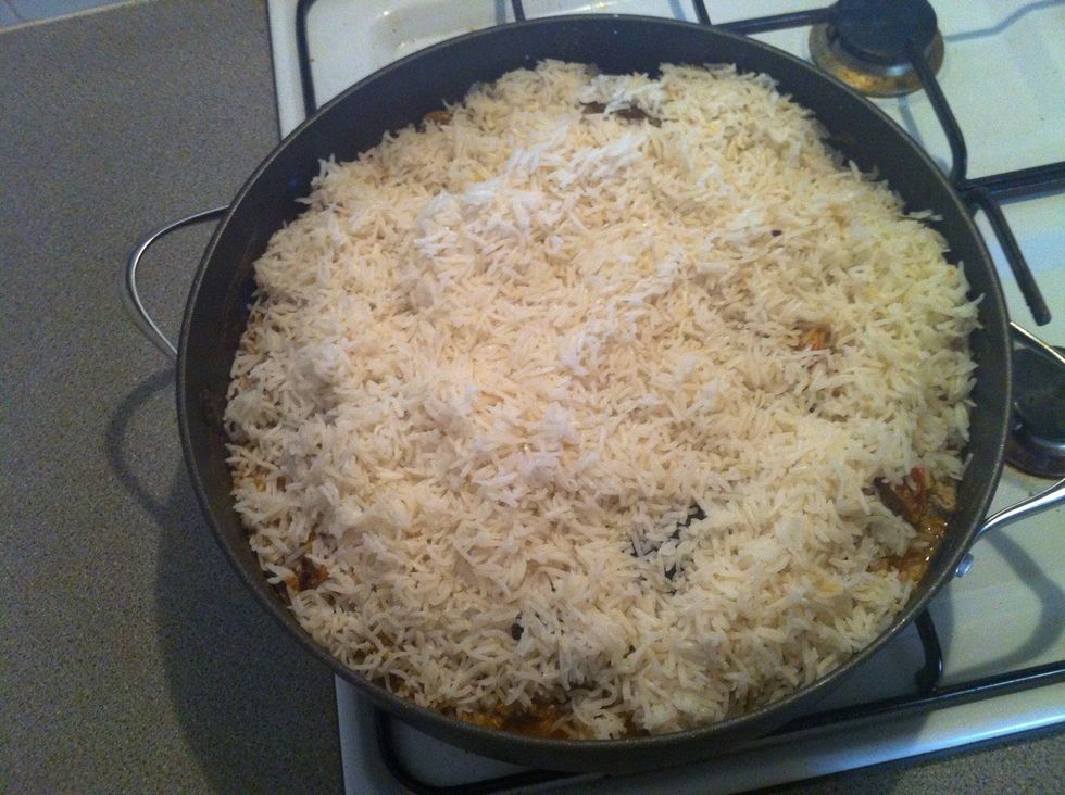 Now layer the top with half of the cooked rice