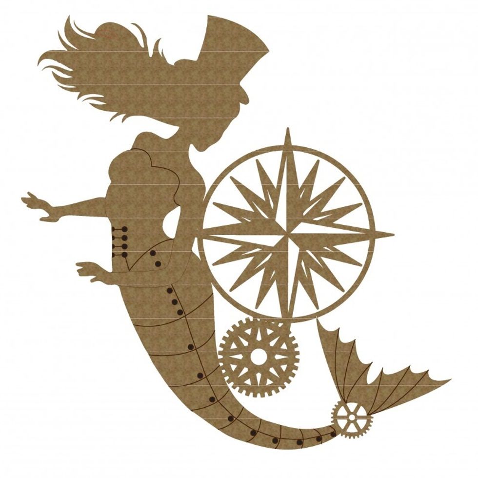 Now let's color the mermaid. Paint her arms, neck area & face with flesh colored paint. Paint Frosty Forest Green mist on her body. Paint liquid embossing ink onto the compass & gears. Con't