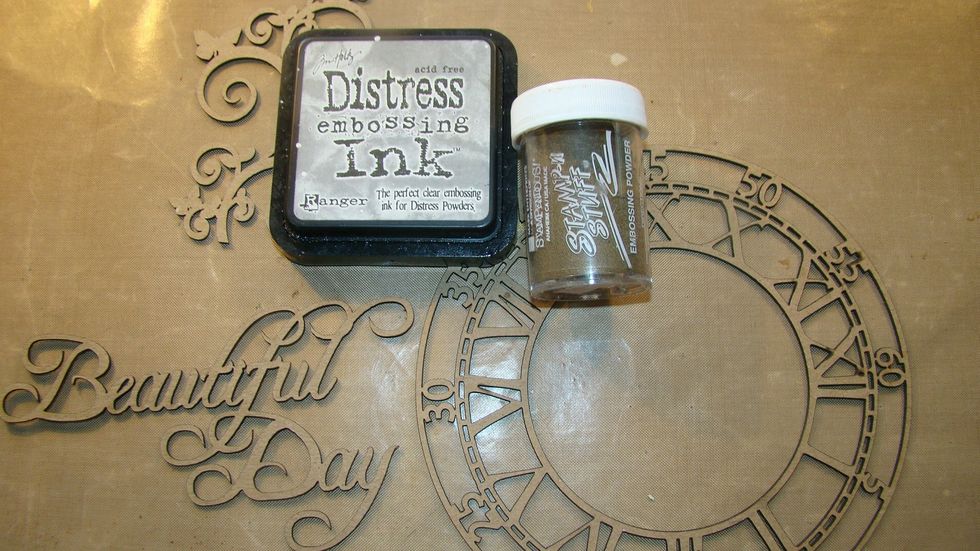 Now let's decorate your chipboard pieces by simply adding embossing ink to them and then the powder is heat set.