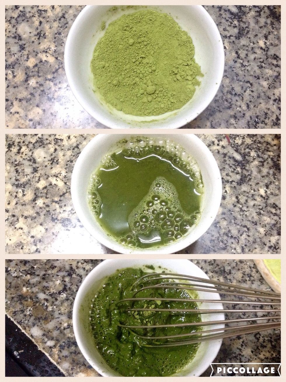 Now let's get our matcha powder, pour in some hot water to help dissolve the matcha powder and whisk it up! Add more water if it's too thick. It should look liquid-y but also still be opaque.
