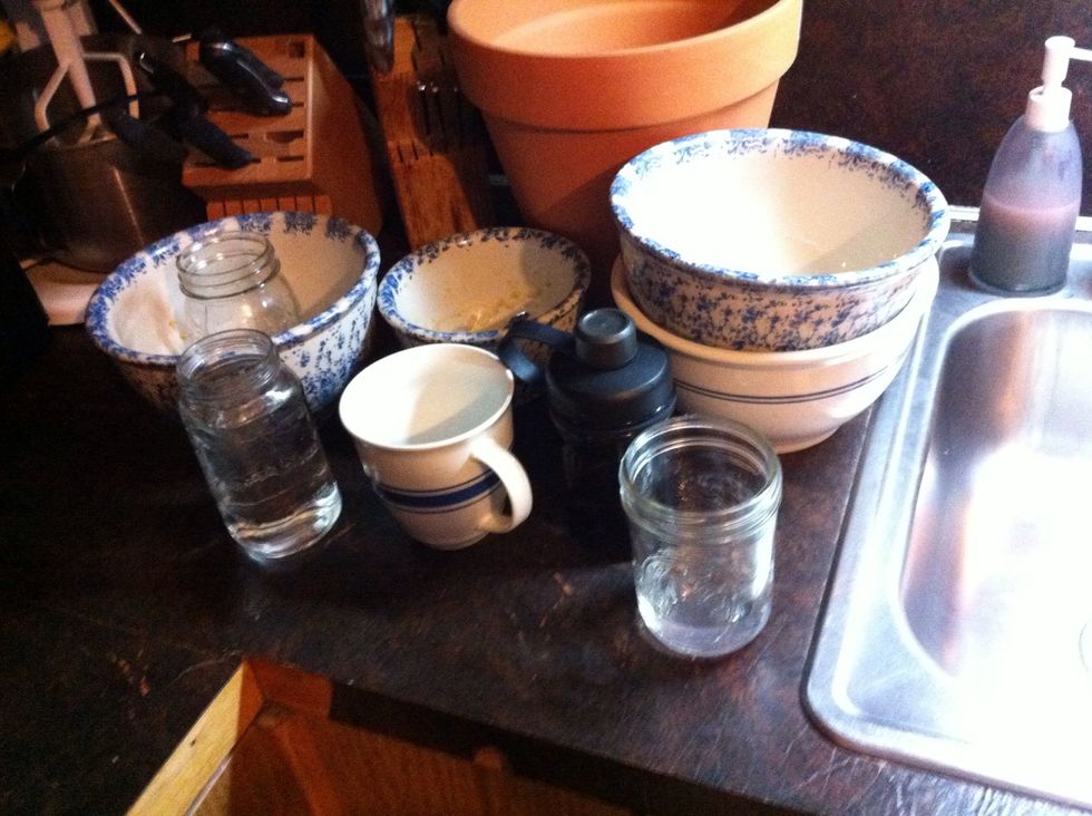 Now let's move to dishes. Walk around house gather all dishes left about the house..water glass by the bed, snack plate left by video games...etc. Place on counter with other ready to wash dishes.