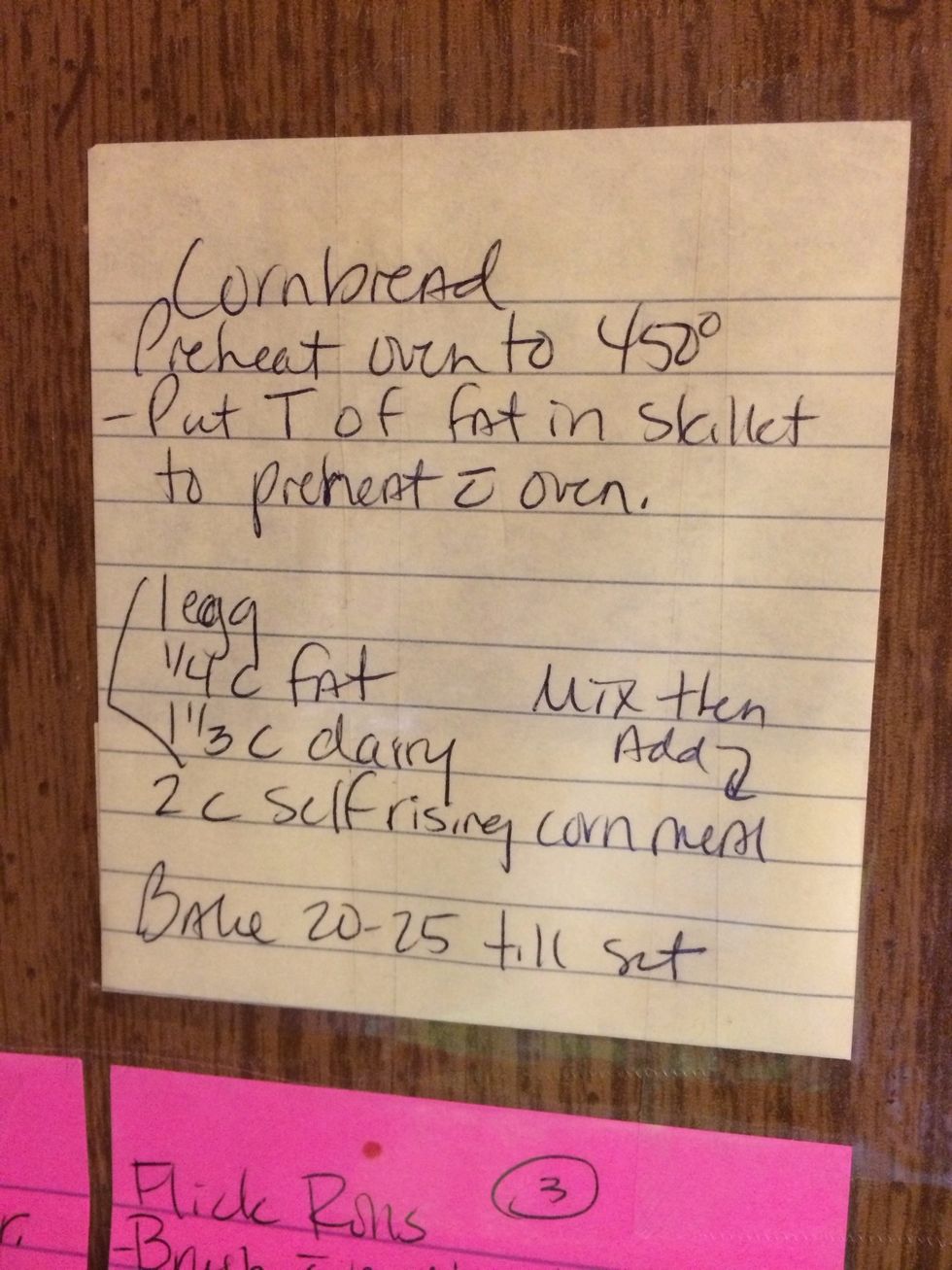 Now let's start on cornbread. Now remember we already started the iron skillet preheating with the oven. Leave in there until ready to pour in mix.