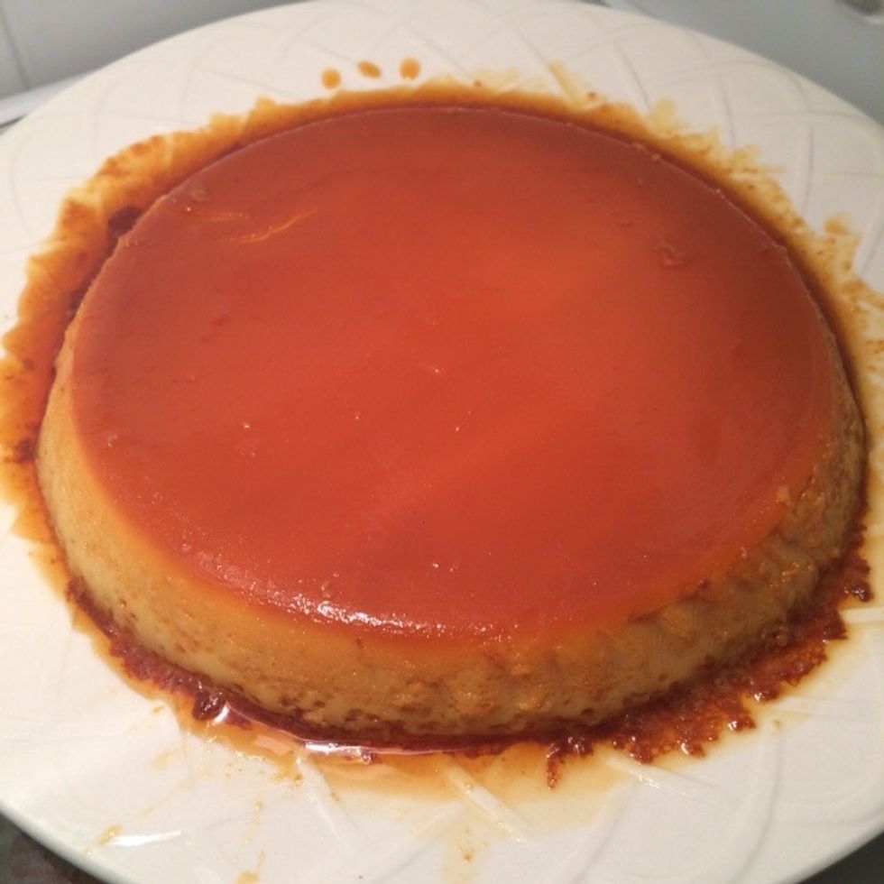 Now let the flan cool for about 1 1/2 - 2 hours. Then put the plate into the refrigerator and let it set for about 4 hours before eating.