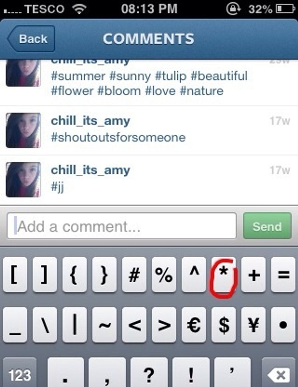 Now log onto Instagram, and type in a star from the English keyboard. ( * )