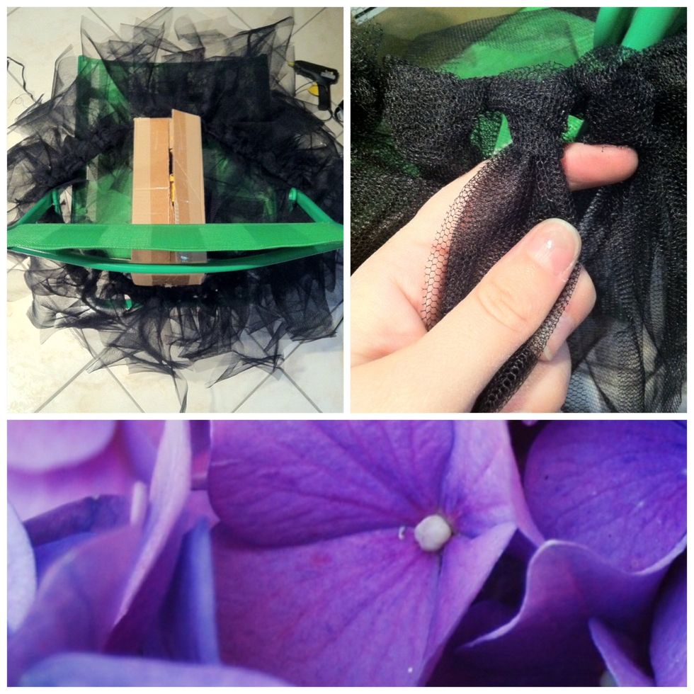 Now look for anything you can put your tutu over. I took a chair and a carton. That makes it much easier to work with!  Take one knot and its four strips.