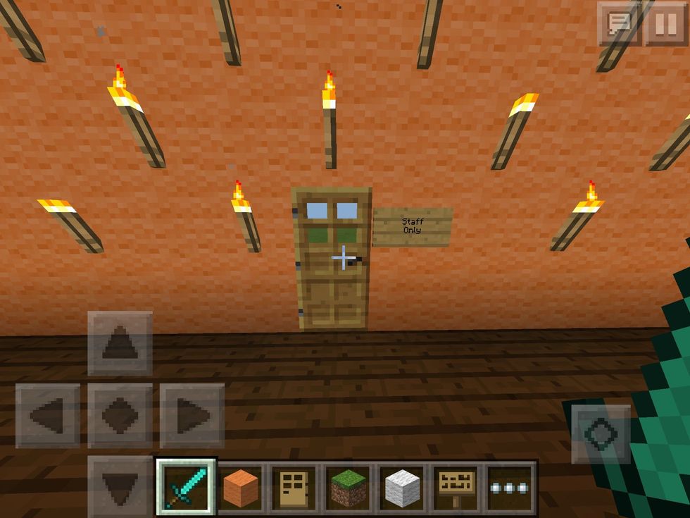 Now look in your shop. Pretty empty. Let's add a kitchen. Go forward and add a door. Write a sign saying "Staff Only."