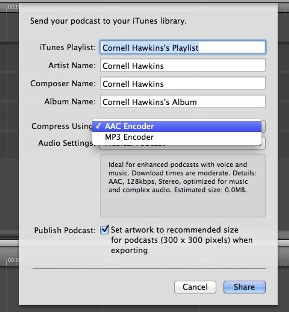 Now make sure the "Compress Using" button is on AAC Encoder and click share.