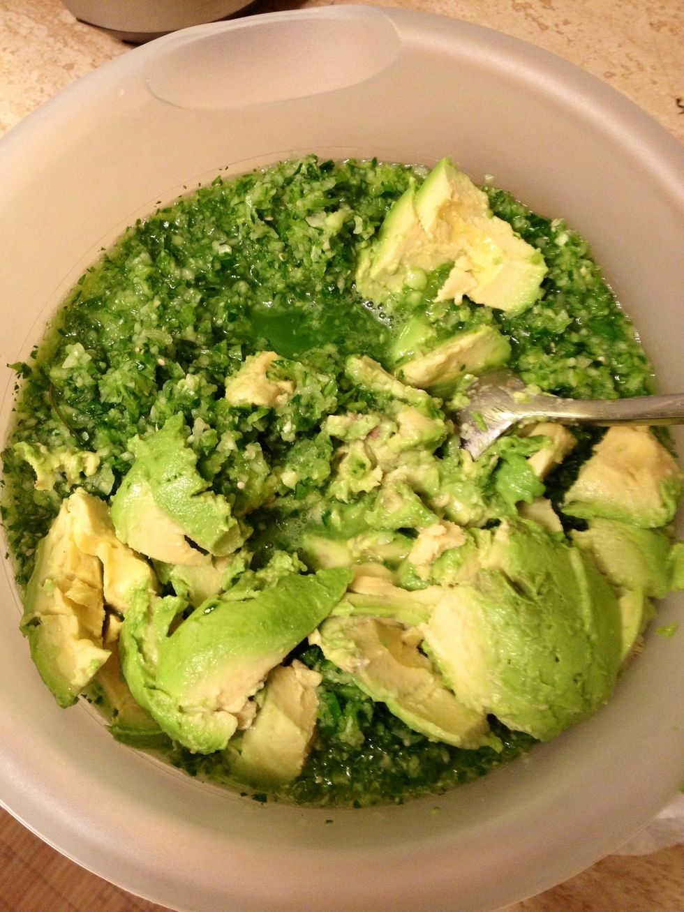 Now mix it together, I like to stir gently without over mashing the avocado.