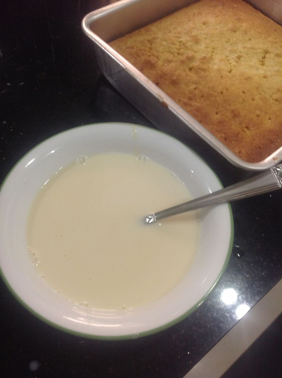 Now, mix the evaporated milk, whole milk and condensed milk. Mix well as the condensed milk would be a little tricky to incorporate.