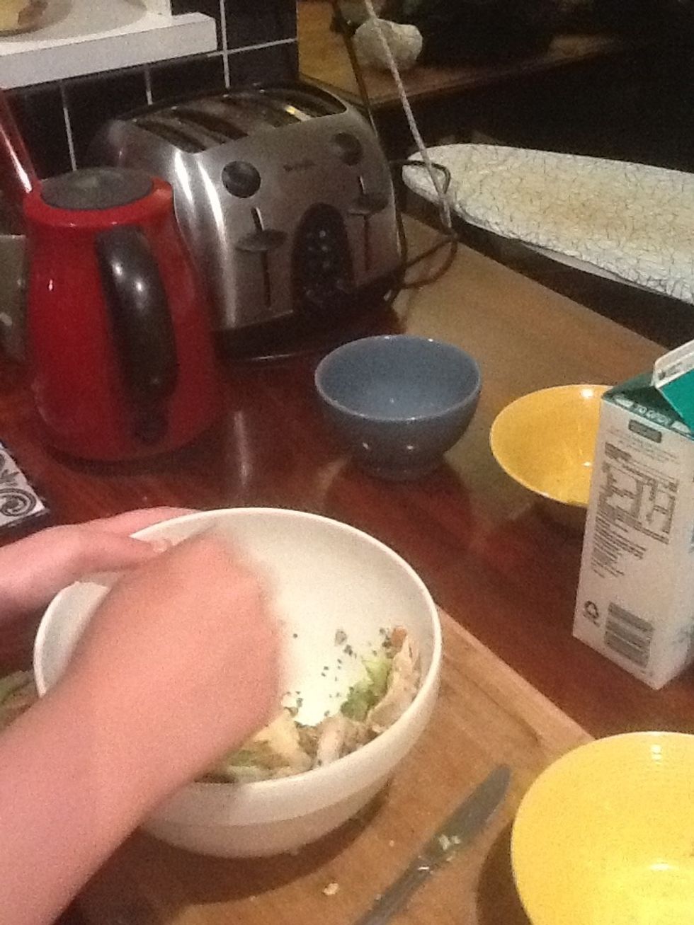 Now, mix the pecan nuts,chives, chicken and avocado together.