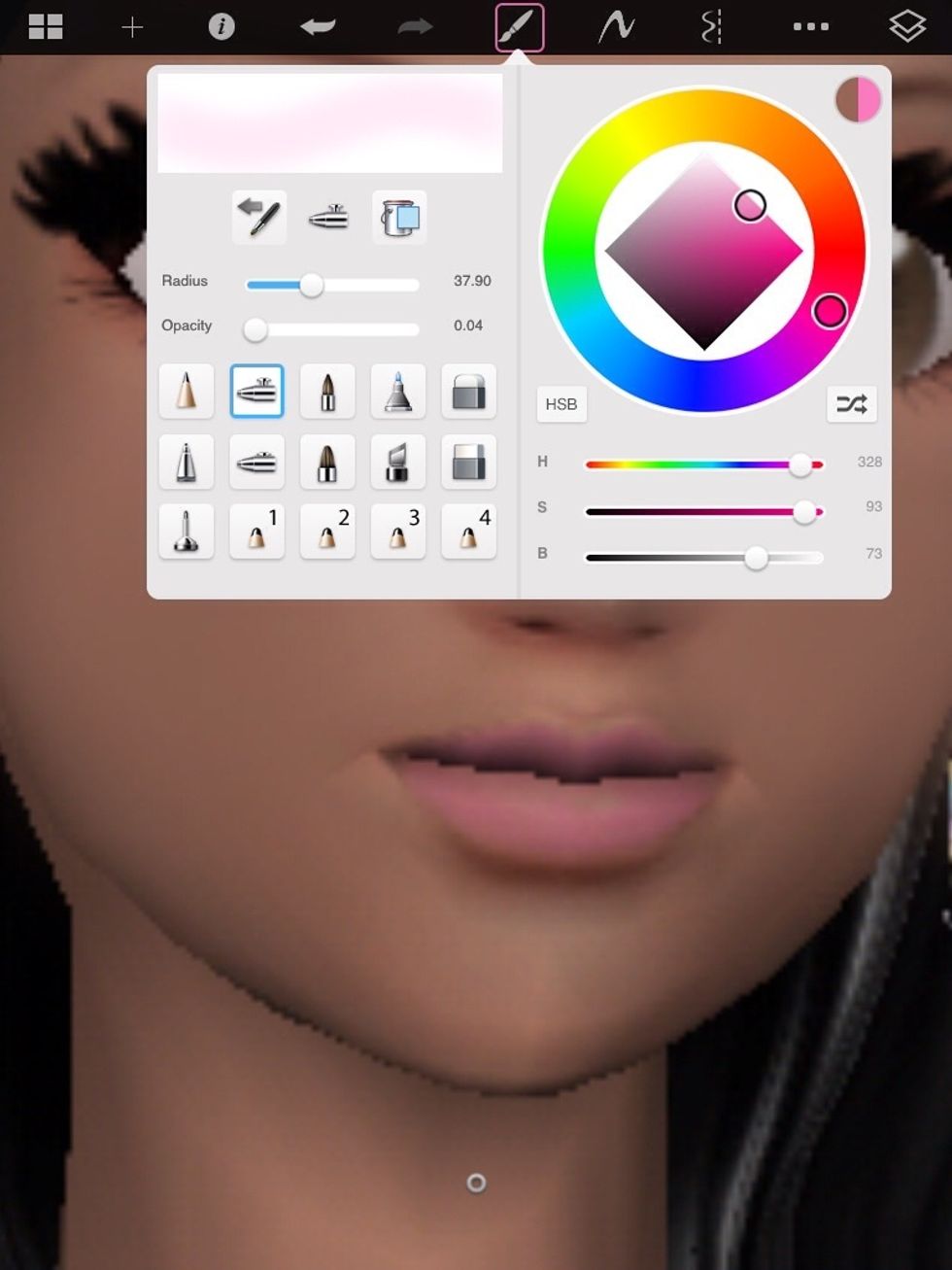Now my favo part, put on the same opacity but make radius smaller , and choose and cool for the lip gloss/lip stick