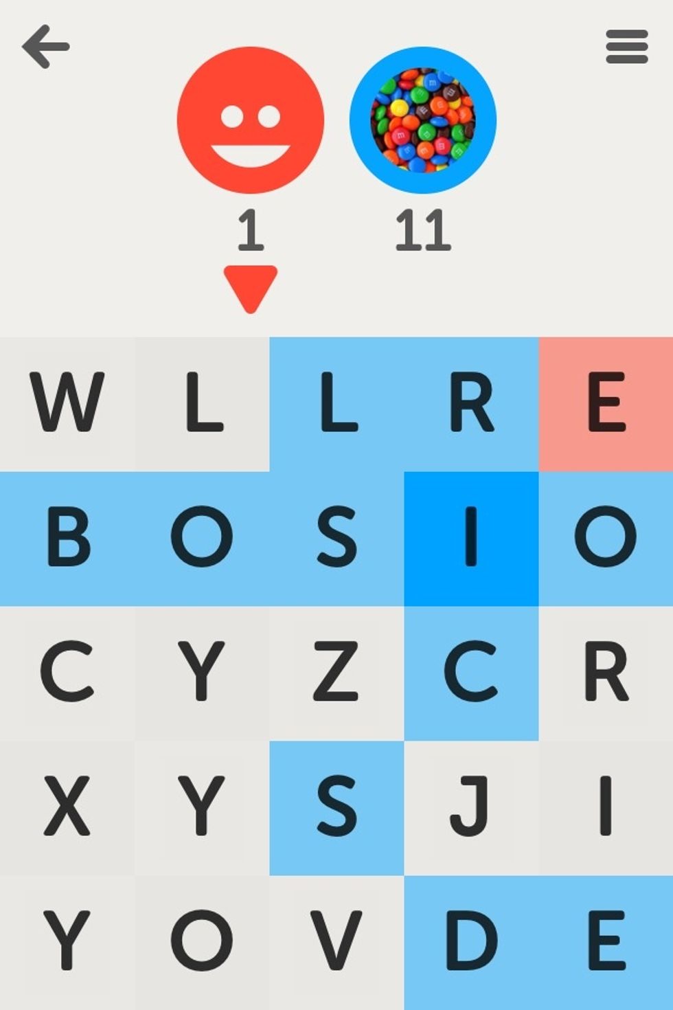 Now, my i is "defended" because it is surrounded (not touching any red or neutral tiles). The opponent can still use that letter, but it will not change to red, unless they change the "surrounders".