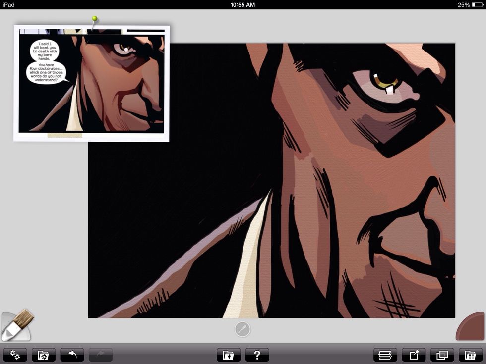 Now on another layer I start painting the variations in color. This is an ominous painting so the colors reflect that. The goal is to make it look like the original Sara Pichelli art.