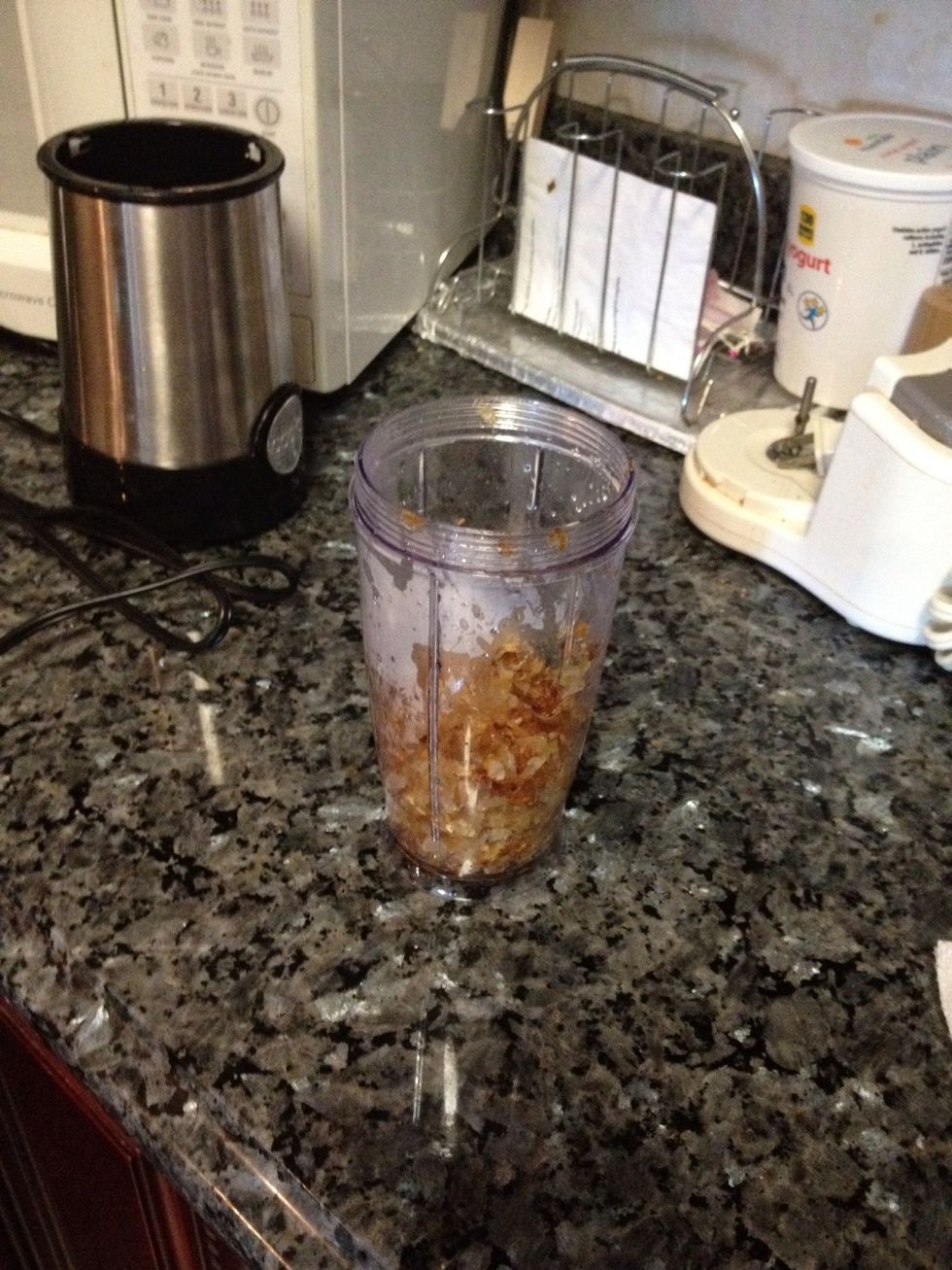 Now once the onions have cooled off a bit; but them in a blender; leave the oil in the pan; you will use the same pan and oil later