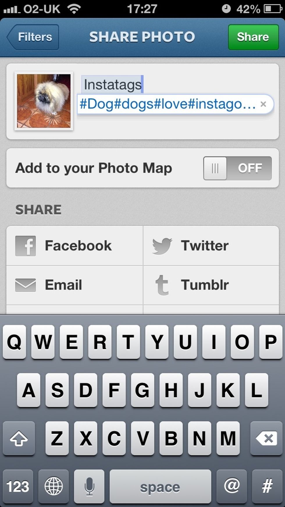Now open Instagram and select a pic your going to post....next type your shortcut in (instatag) and hit space to input your phrase.