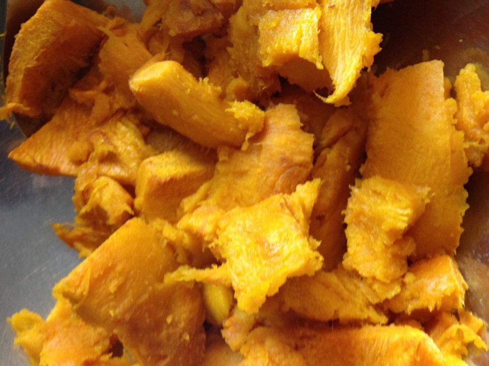 Now our pumpkin is ready for all the other ingredients. Note: you can also use 2 cups of canned pumpkin if fresh pumpkin is not available or you want to cut some of the time out of making this recipe.