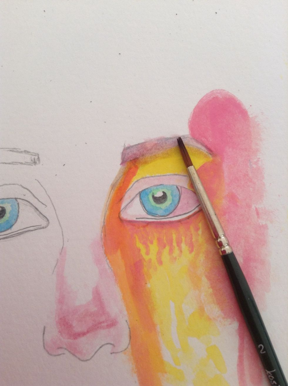 Now paint most of the eye with the light pink color. And paint the eyebrows with pink+light blue=purple!