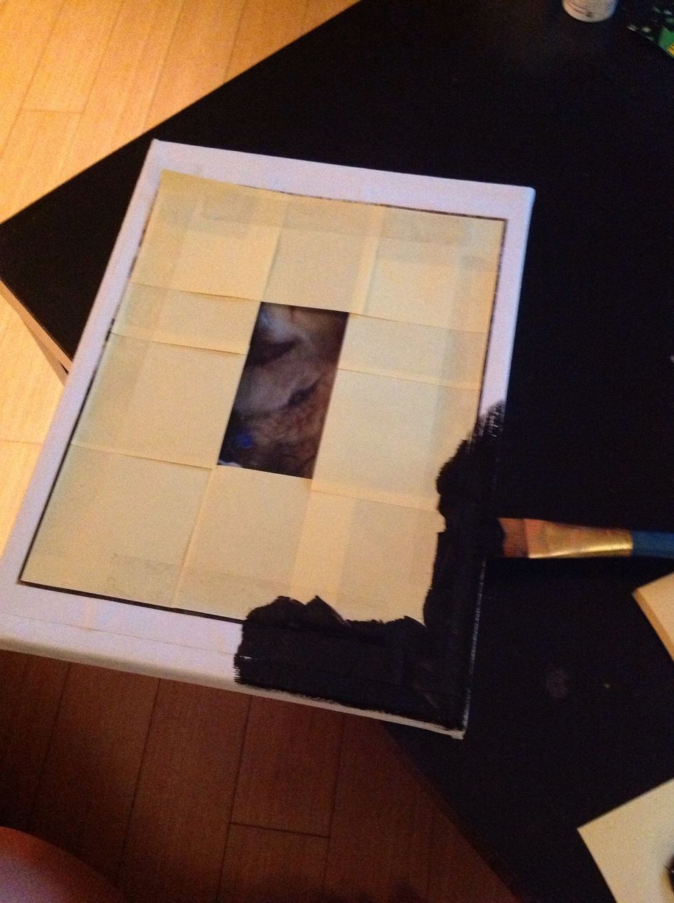 Now Paint! The Post-It notes help keep a straight line around your picture, just paint towards the edge of the canvas instead of painting to the center