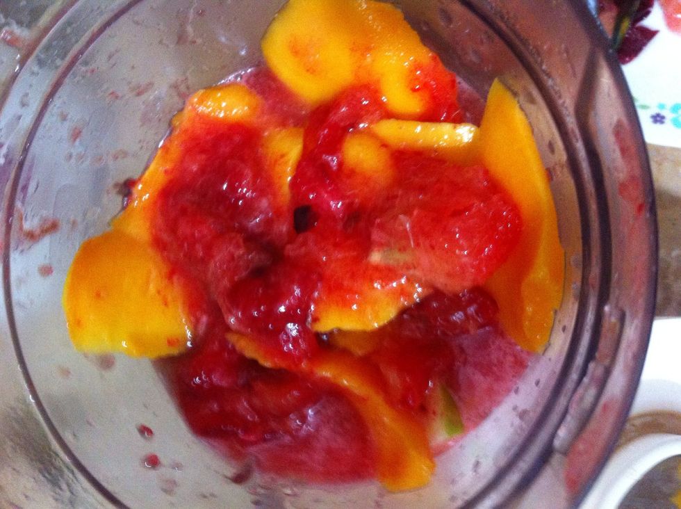 Now peel off mango n add its pulp.Add ur Granny Smith n cucumber.I prefer not peelin but in that case it should b organic.I do peel plums Cz their skin is too sour.Here The red pulp over mango is plum