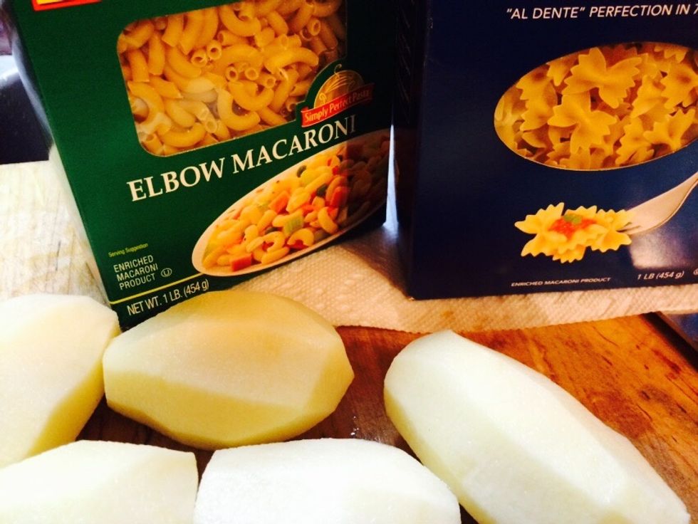 Now pick a starch. I want potatoes today. But you could use noodles, macaroni, any shape pasta, or rice, even left over mashed potatoes! Oh and any type of potatoes will work too.