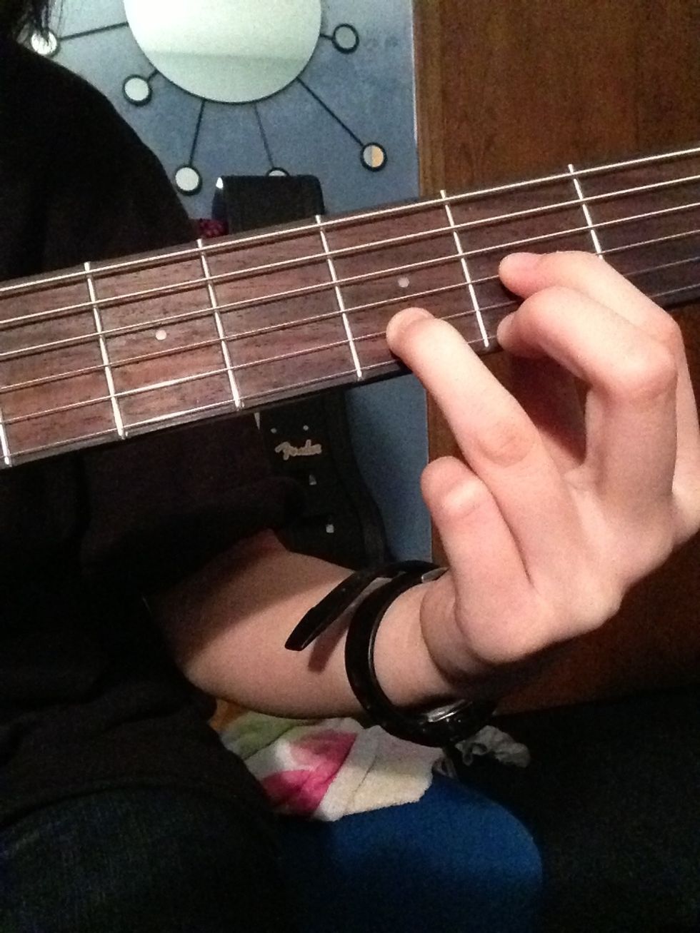 Now place your middle finger on the second fret of the e string. Make sure that when you strum, you only strum the bottom four strings. Don't strum E and A.