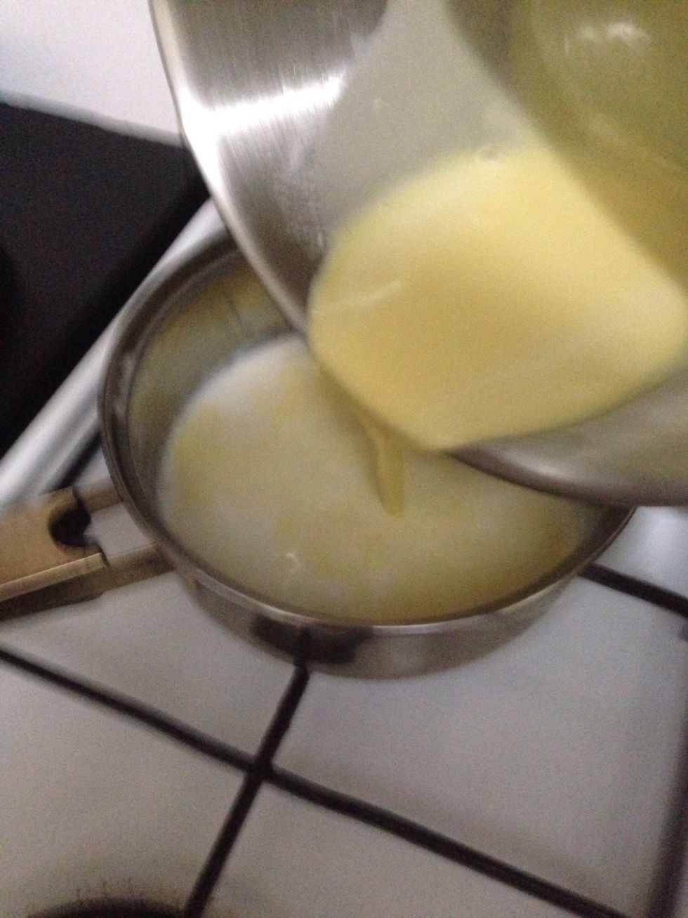 Now pour back your tempered egg mixtures to milk in the saucepan. Whisk constantly and cook over medium heat until boiling. When it boils, keep whisking until they become thick cream