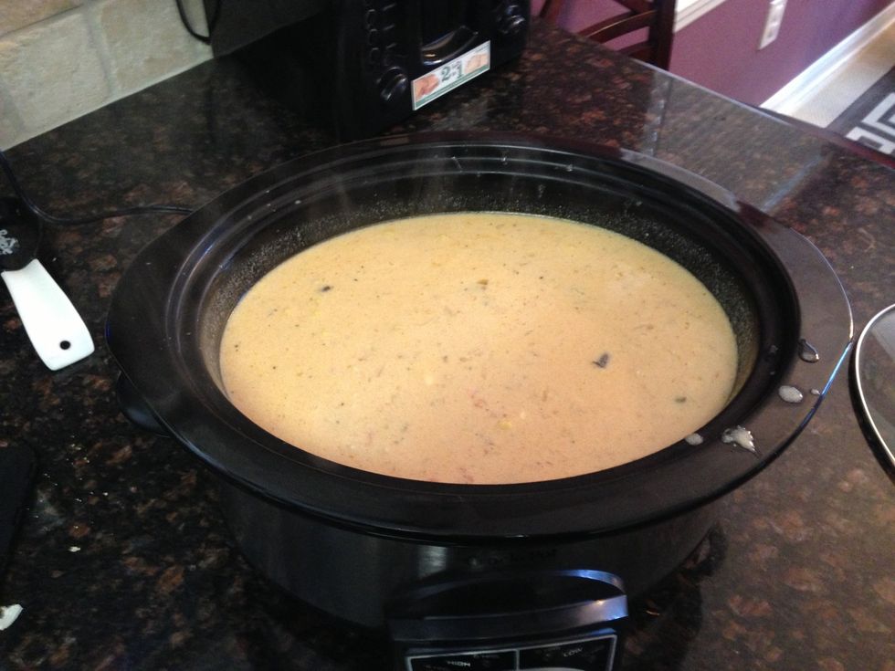 Now pour the broth mixture we've made on the cook top down over. Give it a mix & cover. Depending on time of day, you can continue to cook on low for 8 hrs or high for 4 hrs.