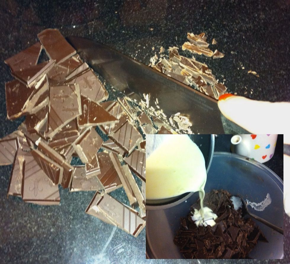 Now pour the cream over your chocolate pieces and stir until the chocolate melts.