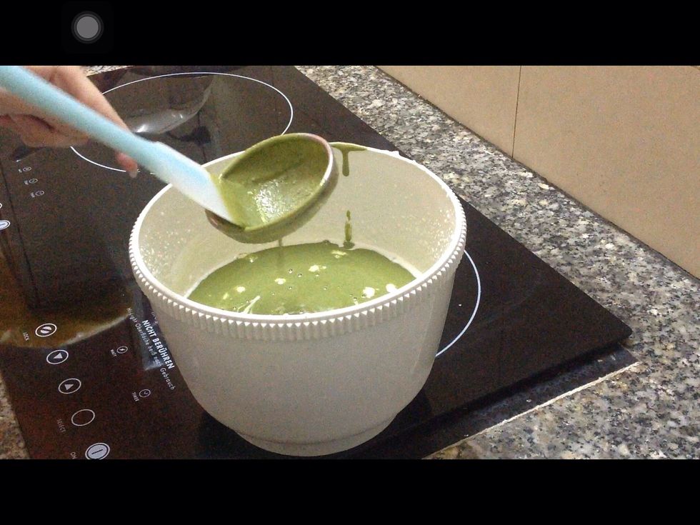 Now pour the green mixture into the whipped cream bowl through the sieve (for the smooth ice cream\ud83d\ude0b). And mix them in together.