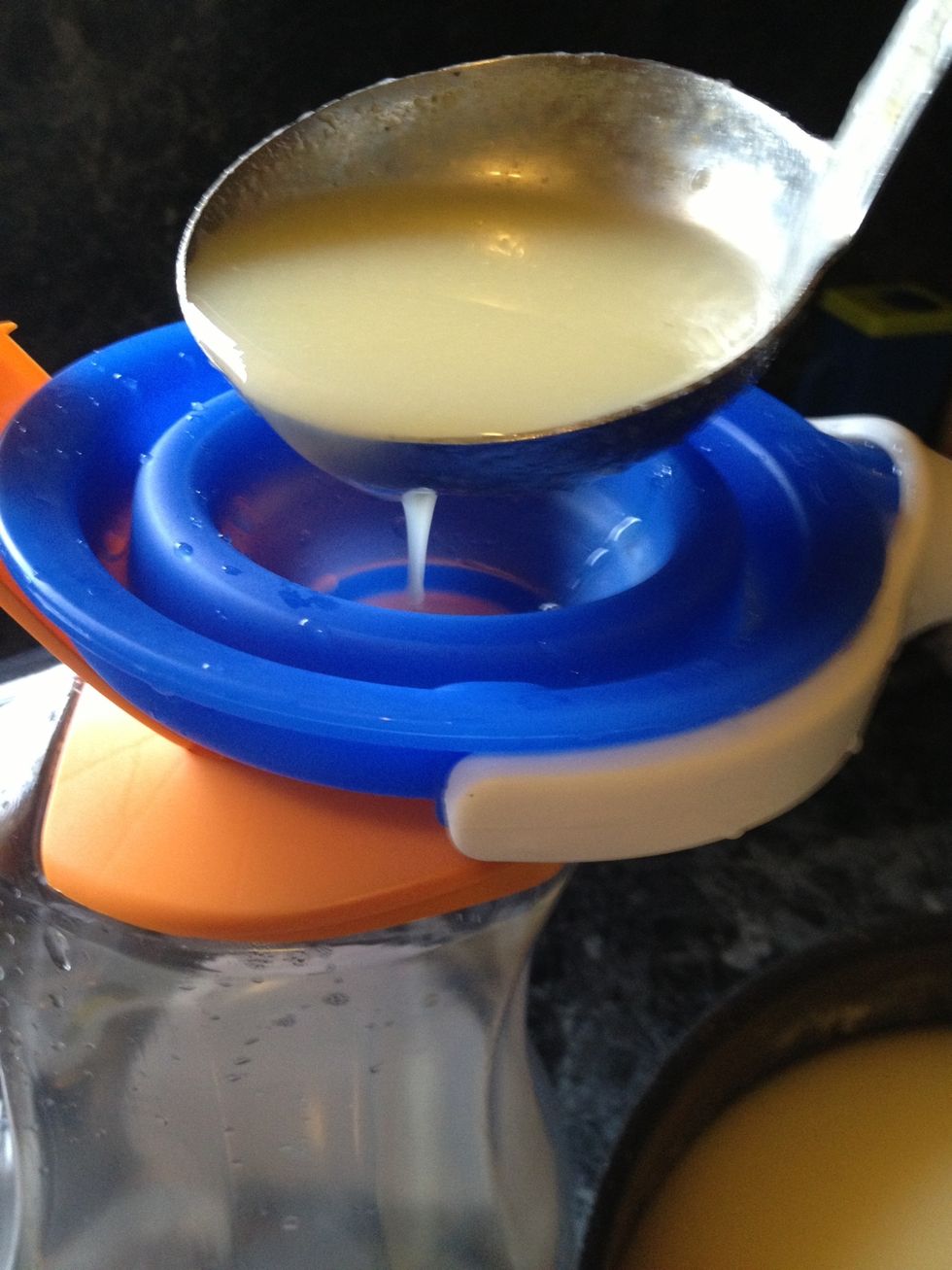 Now pour the juice into any clean container you have and put it in the fridge until nice and cold. It thickens up a bit as well, the way my son likes it thick!!