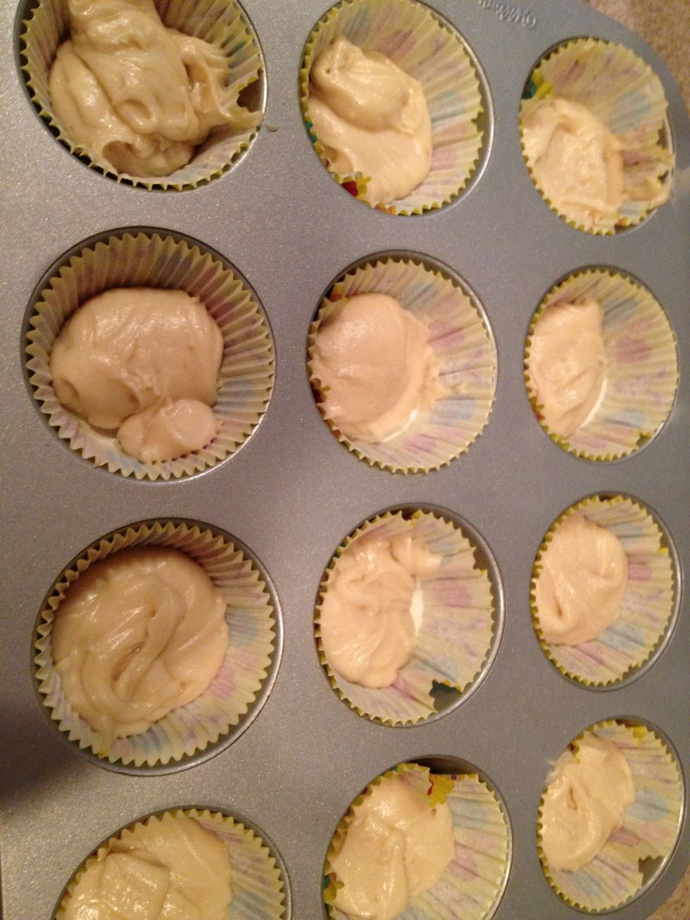 Now pour your batter into muffin cups and put it in the oven for about 15 minutes
